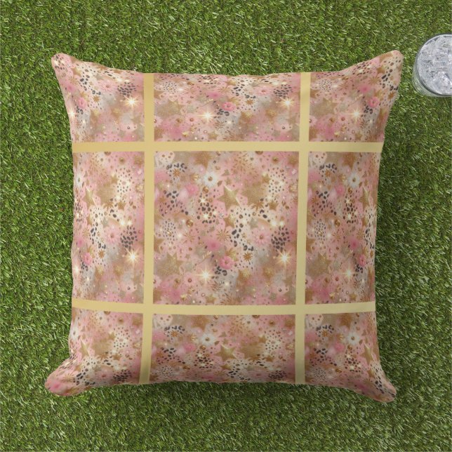 Elegant Gold, Pink and Black Jungle Leaf Pattern Cushion (Grass)