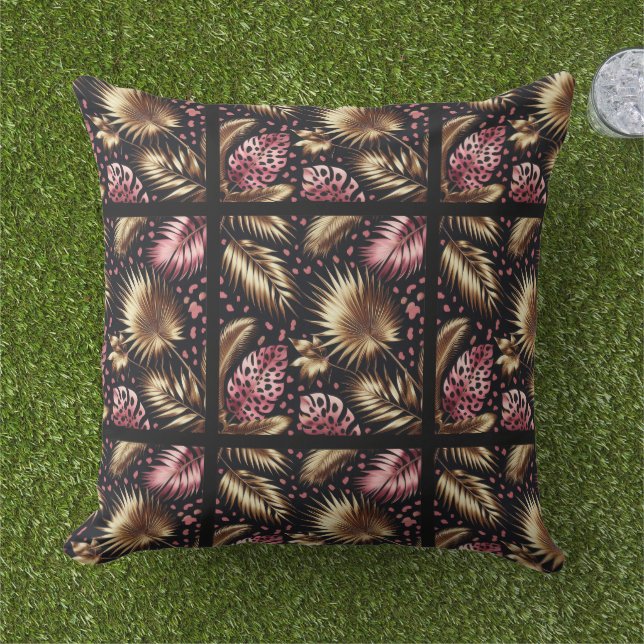Elegant Gold, Pink and Black Jungle Leaf Pattern Cushion (Grass)