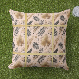 Elegant Gold, Pink and Black Jungle Leaf Pattern Cushion