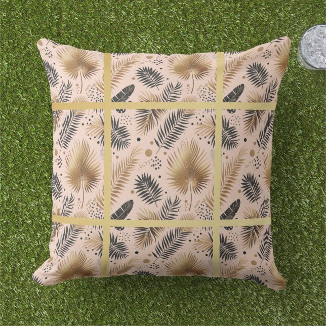 Elegant Gold, Pink and Black Jungle Leaf Pattern Cushion (Grass)
