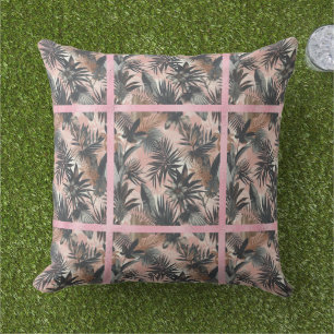 Elegant Gold, Pink and Black Jungle Leaf Pattern Cushion