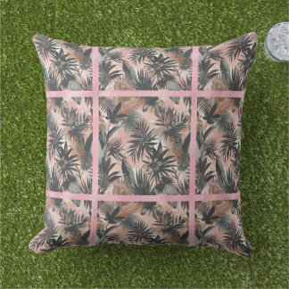 Elegant Gold, Pink and Black Jungle Leaf Pattern Cushion