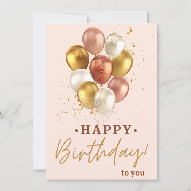 Elegant Gold & Pink Balloons Happy Birthday Card (Front)