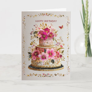 Elegant Gold & Pink Birthday Cake Card