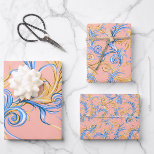 Elegant Gold Pink Blue Arabesque Swirl Pattern Wrapping Paper Sheet