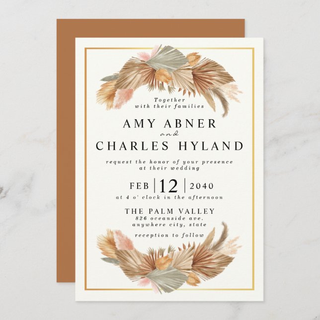 Elegant Gold Pink Boho Pampas Grass Frame Wedding  Invitation (Front/Back)