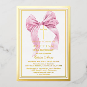 Elegant Gold Pink Bow Girl 1st Birthday Baptism