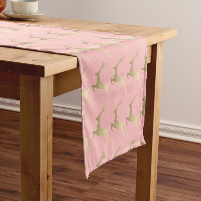 Elegant Gold Pink Christmas Reindeer Pattern Short Table Runner (In Situ)