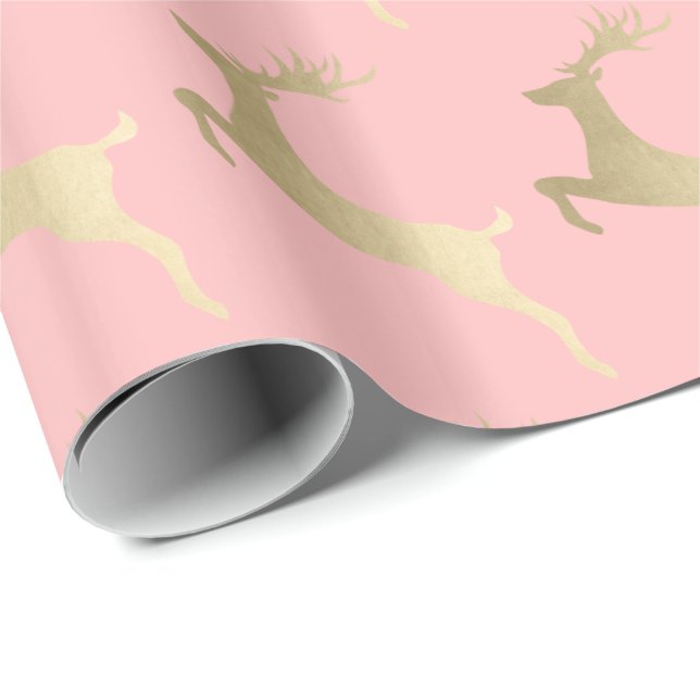 Elegant Gold Pink Christmas Reindeer Pattern Wrapping Paper (Roll Corner)