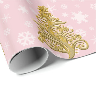 Elegant Gold & Pink Christmas Tree Pattern Wrapping Paper