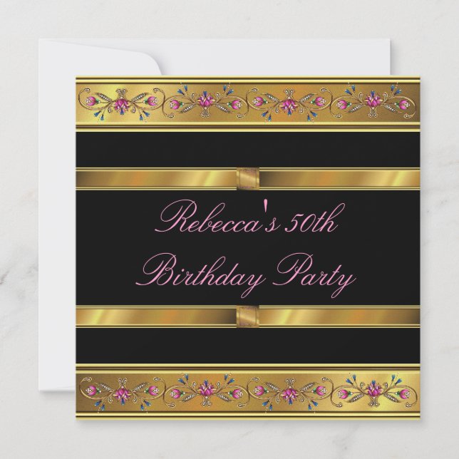 Elegant Gold Pink Floral 50th Birthday Party Black Invitation (Front)