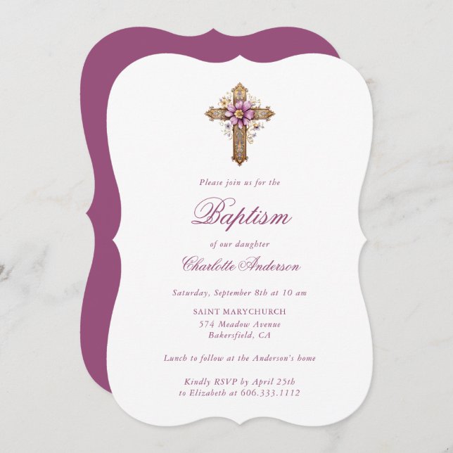 Elegant Gold Pink Floral Cross Girl Baptism Invitation (Front/Back)