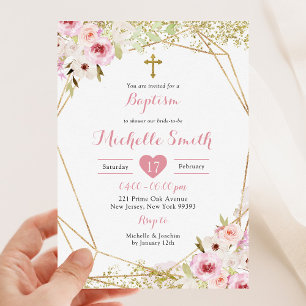 Elegant Gold Pink Floral Girl Baptism Invitation