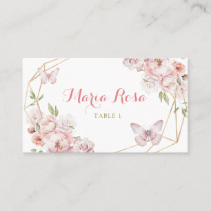 Elegant Gold Pink Floral Girl Quinceañera Place Card