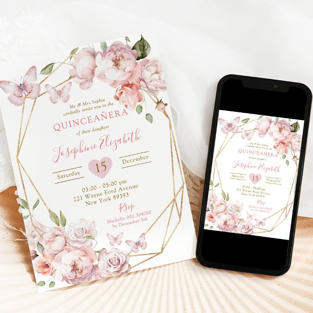 Elegant Gold Pink Floral Mis Quince Años Birthday Invitation (Creator Uploaded)
