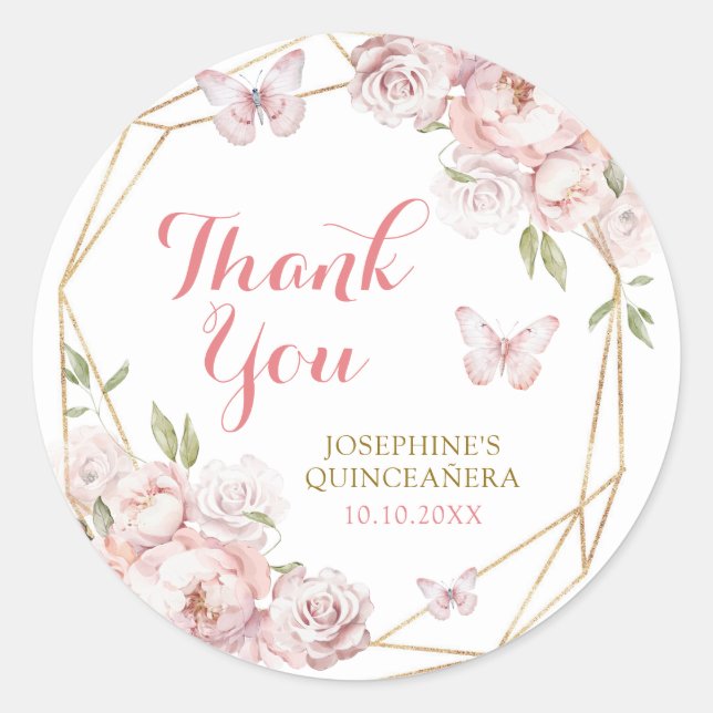 Elegant Gold Pink Floral Mis Quince Classic Round Sticker (Front)