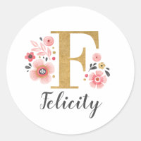 Elegant Gold Pink Floral Monogram Initial Letter F