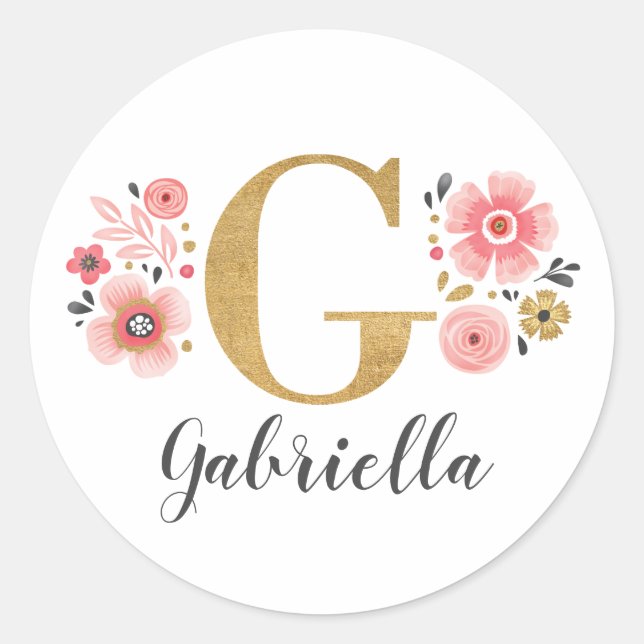Elegant Gold Pink Floral Monogram Initial Letter G Classic Round Sticker (Front)