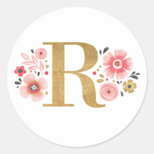Elegant Gold Pink Floral Monogram Initial Letter R Classic Round Sticker
