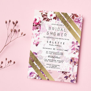 Elegant Gold Pink Floral Striped Bridal Shower Invitation