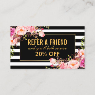 Elegant Gold Pink Floral Striped Referral Business Card