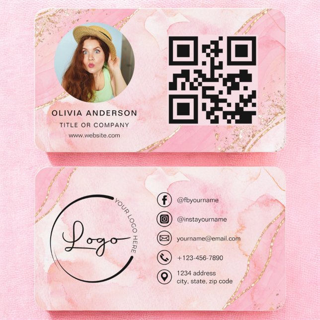 Elegant Gold Pink Glitter QR Code Modern Photo Business Card (Creator Uploaded)