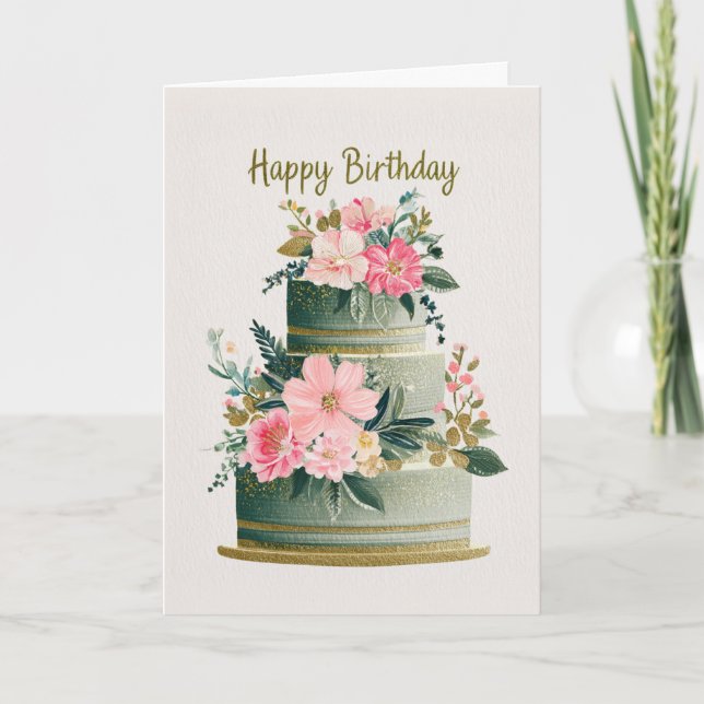 Elegant Gold, Pink & Green Floral Birthday Cake Card (Front)