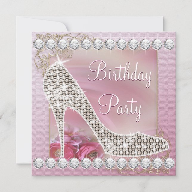 Elegant Gold Pink High Heel Shoe Birthday Party Invitation (Front)