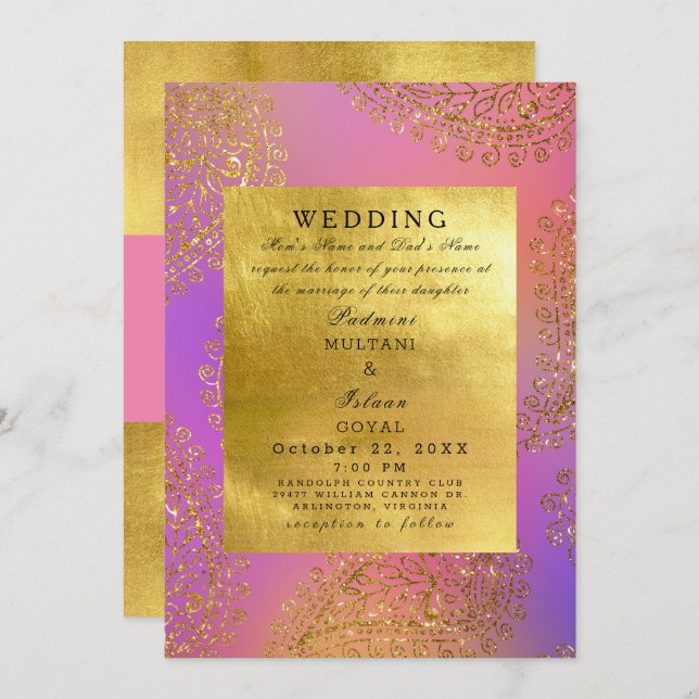 Elegant Gold & Pink Indian Style Wedding  Invitation (Front/Back)