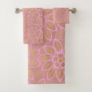ELEGANT GOLD PINK LACE FLORAL BATHROOM TOWEL SET