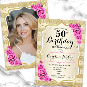 Elegant Gold Pink Photo 50th Birthday Invitation