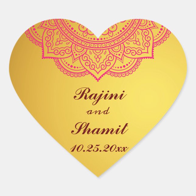 Elegant Gold Pink Red Indian Paisley Wedding Heart Heart Sticker (Front)