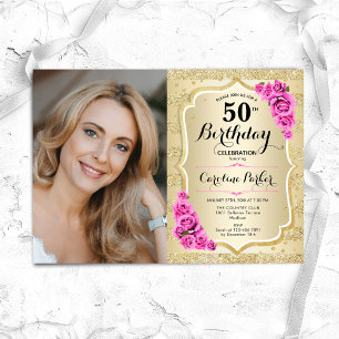 Elegant Gold Pink Roses Photo 50th Birthday Invitation