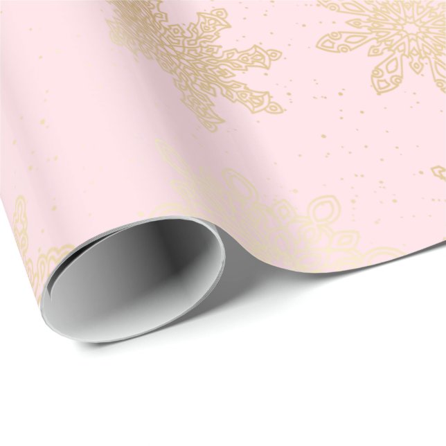 Elegant Gold & Pink Snowflake Christmas Pattern Wrapping Paper (Roll Corner)