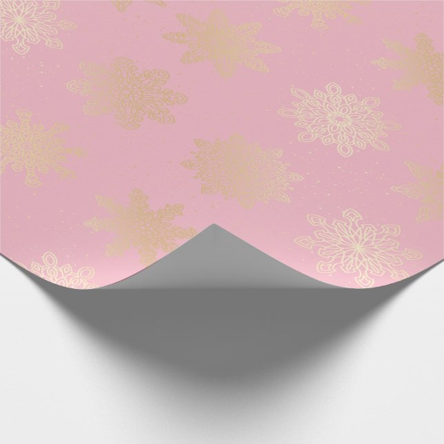 Elegant Gold & Pink Snowflake Christmas Pattern Wrapping Paper (Corner)
