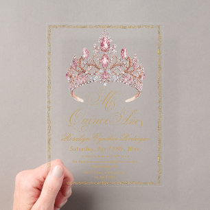 Elegant Gold Pink Tiara Quinceanera Photo Acrylic Invitations