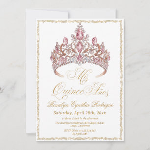 Elegant Gold Pink Tiara Quinceanera Photo Invitation