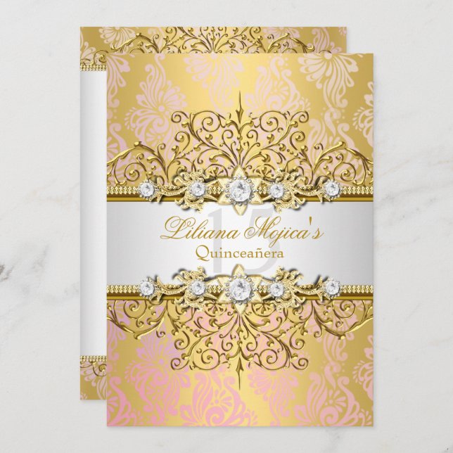 Elegant Gold Pink Vintage Glamour Quinceanera Invitation (Front/Back)