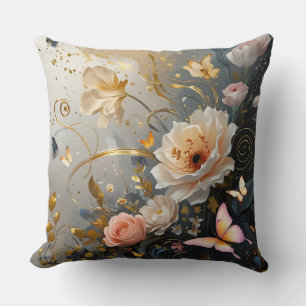 Elegant Gold, Pink with flowers throw Cushion