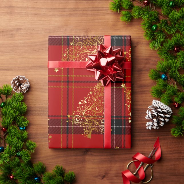 Elegant Gold & Plaid Christmas Tree Pattern Wrapping Paper (Holiday Gift)