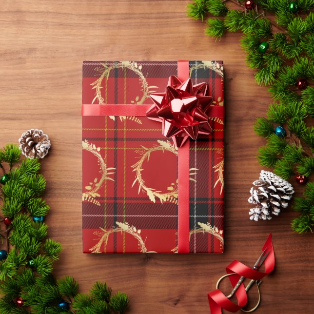 Elegant Gold & Plaid Christmas Wreath Pattern Wrapping Paper (Holiday Gift)