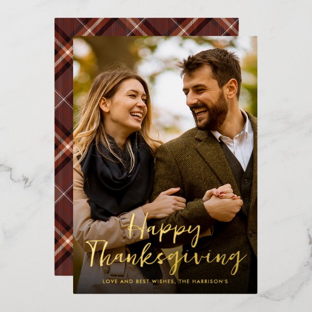 Elegant Gold Plaid Holiday Photo Card (Front/Back)