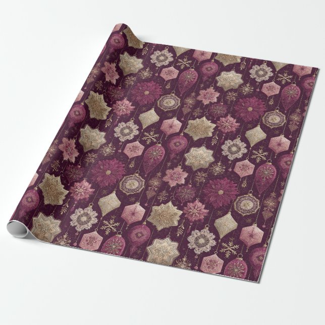 Elegant Gold Plum Holiday Bauble Pattern Wrapping Paper (Unrolled)