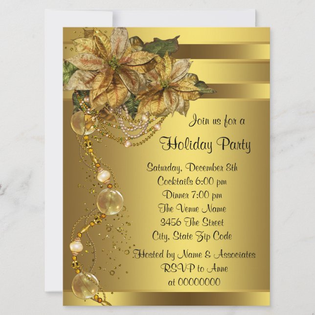 Elegant Gold Poinsettia Black Gold Christmas Party Invitation (Front)