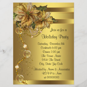 Elegant Gold Poinsettia Black Gold Christmas Party Invitation