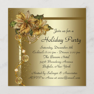 Elegant Gold Poinsettia Black Gold Christmas Party Invitation