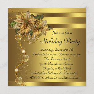 Elegant Gold Poinsettia Black Gold Christmas Party Invitation