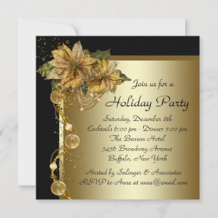 Elegant Gold Poinsettia Black Gold Christmas Party Invitation