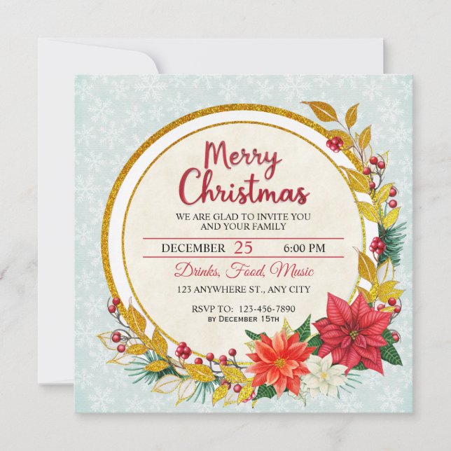 Elegant Gold & Poinsettia Christmas Party (Front)
