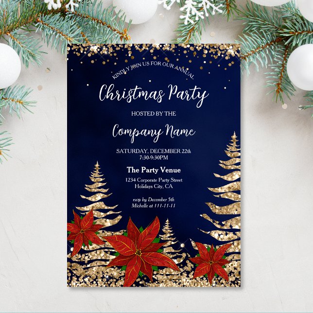 Elegant Gold Poinsettia Corporate Christmas Party Invitation (christmas party invitation with glitter gold pines and red poinsettia on the navy background)